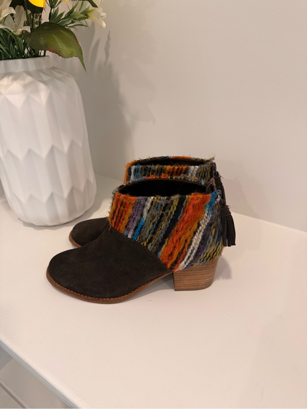 Toms Black Suede Ankle Booties with Multicolor Knit Cuff